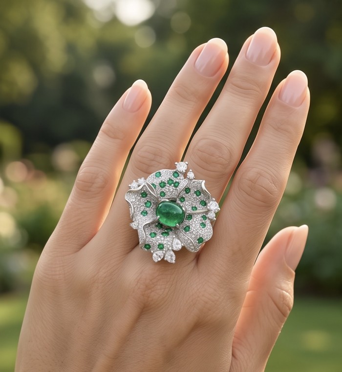 Dolce Vita 4.2 carat Colombian Emerald .925 Sterling Silver dipped in rhodium handmade Cocktail Ring s. 7 - Emerald ring worn on hand, close-up showing intricate design.