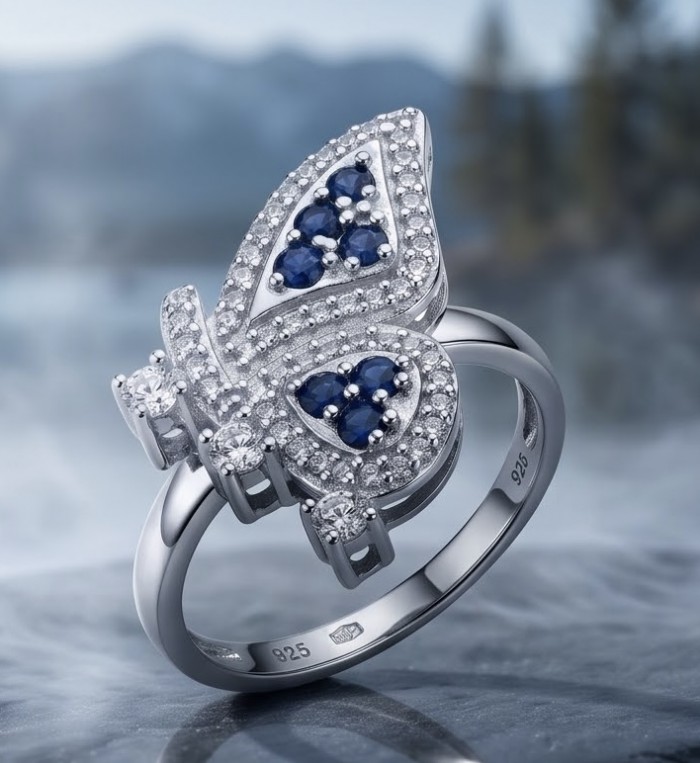 Vintage style - Blue Butterfly - 2.8 carat Sapphire .925 Sterling Silver handcrafted Statement ring s. 8 - Close-up of vintage style sapphire butterfly ring with .925 sterling silver