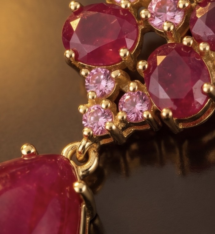 Giovanna - Magnificent Jewel - 24.2 carat Kashmir Ruby .925 Sterling Silver dipped in 22K Gold handcrafted incredible Statement earrings - Close-up of Kashmir ruby and pink stone cluster in gold setting.
