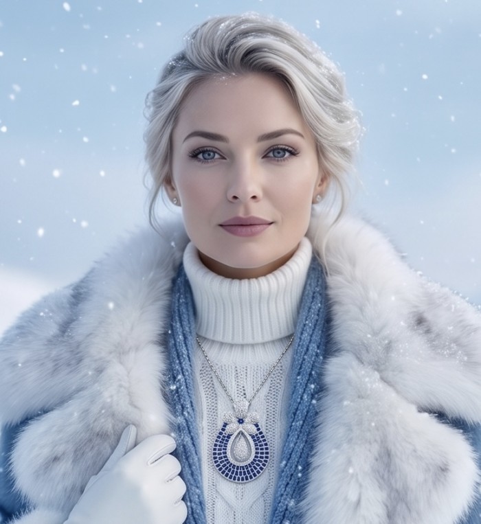Julietta - Excellent quality 14.9 carat Sapphire rhodium over .925 Sterling Silver handcrafted Pendant - Woman wearing 14.9 carat sapphire necklace in winter setting.