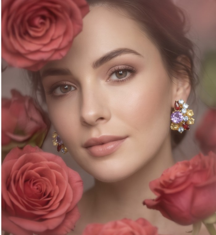 Giuseppina - Authentic 27.5 carat Amethyst 18k Gold over .925 Sterling Silver handcrafted Statement Earrings - Woman wearing Giuseppina amethyst earrings among roses, front view.