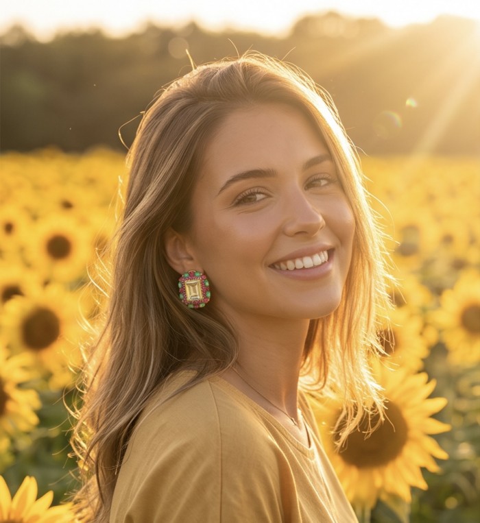 Esperanza - Luxurious 10.2 Brazilian Citrine Emerald 18K Gold over .925 Sterling Silver handmade Earrings - Earring with Brazilian citrine and emerald, worn by model in sunflower field.