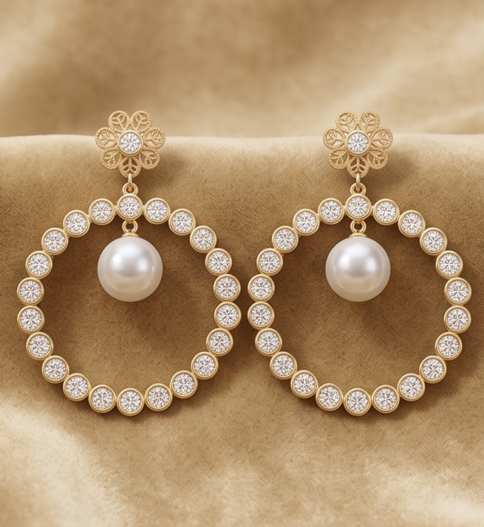 Large - Sublime natural Pearl White Tuopaz 18K Rose Gold over .925 Sterling Silver handcrafted Earrings - Elegant pearl and diamond hoop earrings, front view, on beige fabric