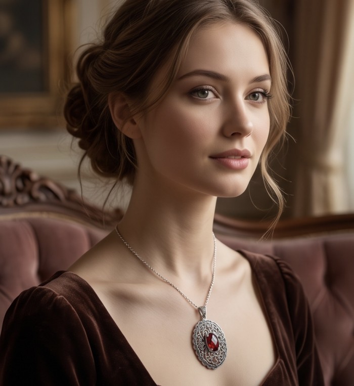 Vintage Style - Precious - Genuine 14.5 carat Ruby Marcasite Rhodium over .925 Sterling Silver handmade Pendant - Side view of vintage ruby necklace worn by a woman.