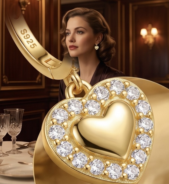 Precious Hearts - authentic 0.5 carat White Topaz .925 Sterling Silver dipped in 14K Gold handcrafted Statement Earrings - Close-up of Precious Hearts pendant with .925 silver stamp and topaz stones