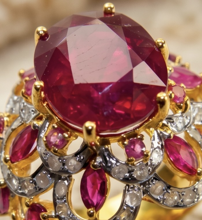 Opera Genuine 17.5 CARAT Mozambique Ruby 22K Gold over .925 Sterling Silver Large Statement Ring size 7 1/2 - Stone close-up of 17.5 carat Mozambique ruby in 22K gold setting.