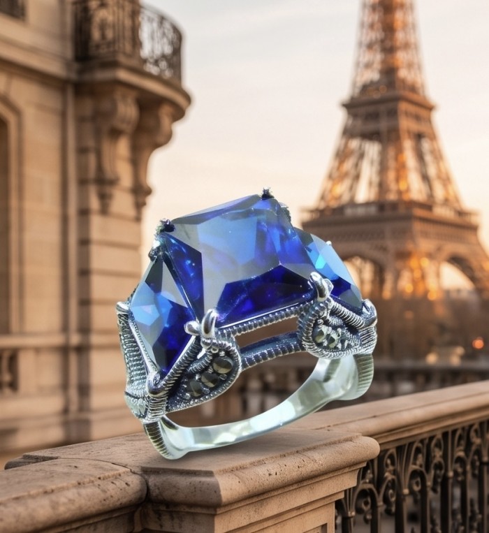Brutalist design 19.5 carat Sapphire .925 Sterling Silver handmade Statement ring size 7 1/4 - Close-up of Brutalist 19.5 carat Sapphire ring with Eiffel Tower backdrop.