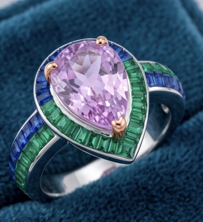 Emily - Art Deco - Precious genuine 9.8 carat Kunzite rhodium over .925 Sterling Silver 2 tones handcrafted ring size 8 - Close-up of Art Deco ring with kunzite and multicolored gemstone accents.