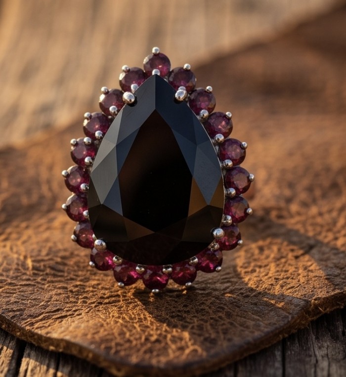 Roxanna - Huge 29.7 carat Black Onyx rhodium over .925 Sterling Silver handcrafted STATEMENT ring; s. 8 3/4 - Close-up of Roxanna ring with 29.7 carat black onyx and ruby accents