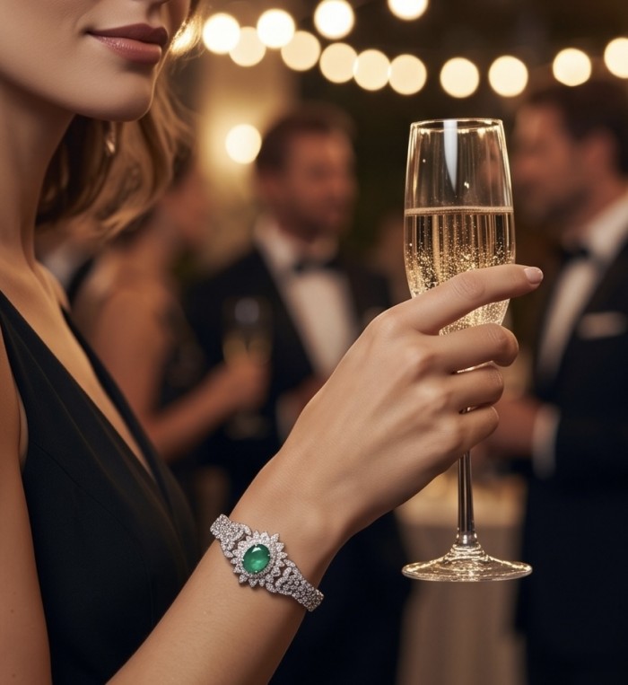 Precious 8.2 carat natural Colombian Emerald rhodium over .925 Sterling Silver .925 Sterling Silver Statement Bracelet - Emerald bracelet worn on wrist at elegant event, close-up view.