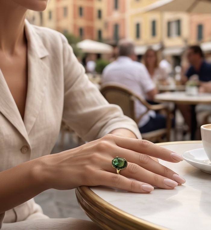 Exotic Beauty oval cut 17.5 carat Helenite .925 Sterling Silver dipped in Real 14k Gold handmade Ring s. 10 adjustable - Exotic Beauty Helenite ring worn on hand with coffee cup background.