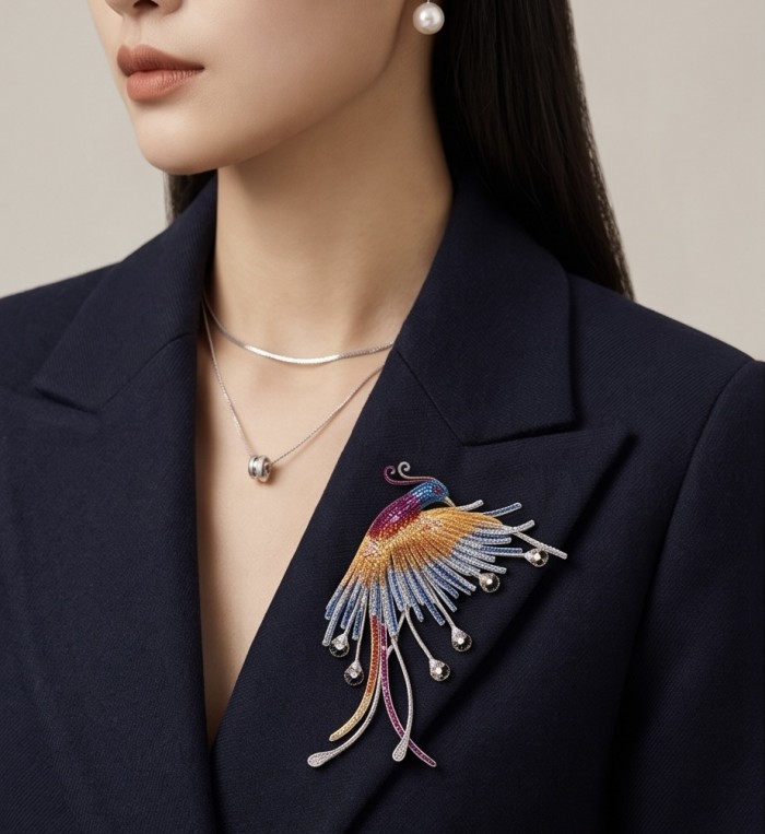 Large Precious Phoenix Natural 10.8 carat PAVE Multigem Rhodium over .925 Sterling Silver handcrafted Brooch - Phoenix brooch on navy blazer, worn angle, with silver necklace and pearl earring.