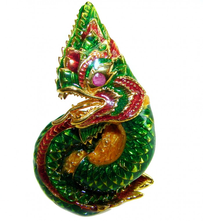 Large green Dragon - symbolizes supernatural power- Enamel Ruby 18K Gold over .925 Sterling Silver Huge handcrafted Ring s. 8 - photo 5