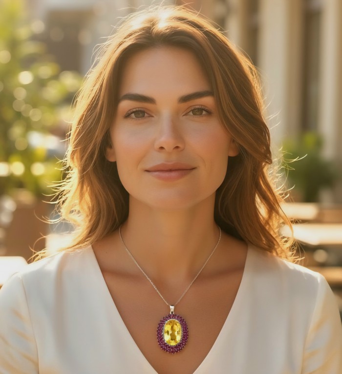 Large Beauty genuine 32.5 carat Lemon Quartz Ruby .925 Sterling Silver handmade Pendant - photo 1