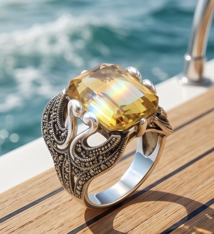 Two Swans Authentic 27.4 carat Lemon Quartz .925 Sterling Silver brilliantly handcrafted large Statement Ring size 8 - Close-up of 27.4 carat lemon quartz ring with swan design.