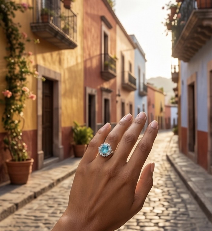 WONDERLAND 4.8 carat Paraiba Tourmaline .925 Sterling Silver Handcrafted Ring size 6 1/4 - Paraiba Tourmaline ring worn on hand with colorful street background.