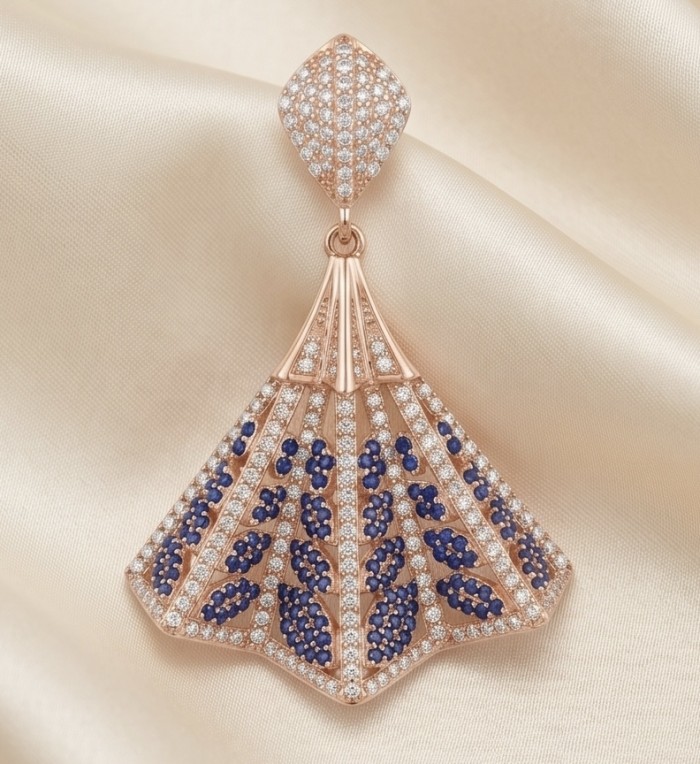Luxurious 5.2 carat Sapphire .925 Sterling Silver dipped in 18K Rose Gold handmade Pendant - Front view of luxurious sapphire and diamond fan-shaped pendant