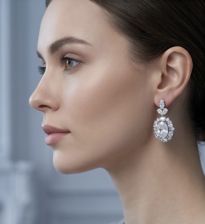 Allure Natural 15.2 carat Topaz .925 Sterling Silver handcrafted earrings - Side view of Allure 15.2 carat Topaz earrings, worn on ear.