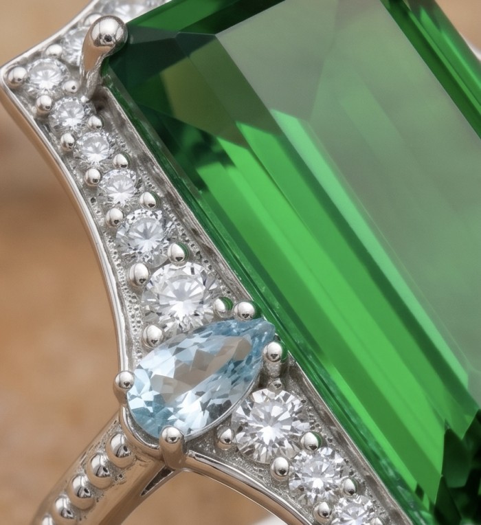RARE FINDING! Authentic 28.9 carat volcanic Green Helenite .925 Sterling Silver HUGE ring s. 7 - Close-up of volcanic green Helenit ring with side gemstone details.