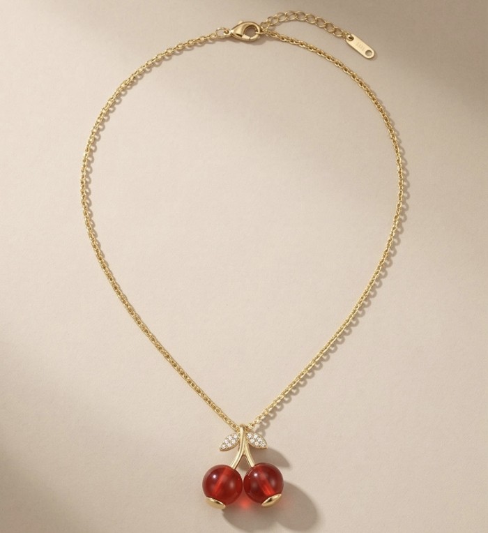 Cute Red Cherries golden handmade necklace - photo 4