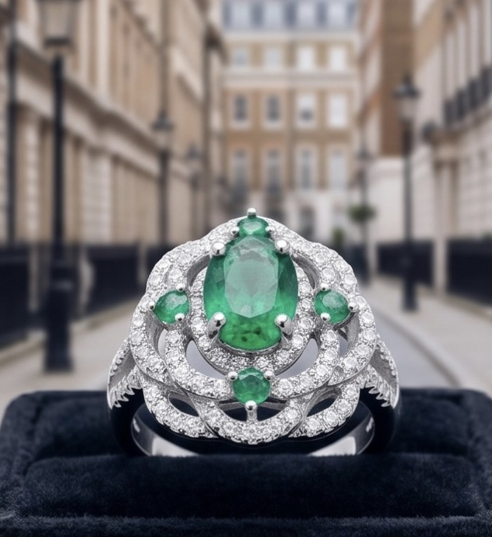 Precious 6.2 CARAT Chrome Diopside .925 Sterling Silver Statement Ring s. 7 - Close-up of emerald and diamond ring on a velvet display.