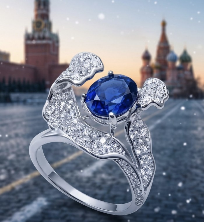 Julietta floral design 7.5 carat Sapphire .925 Sterling Silver handmade Statement ring size 6 - Close-up of Sapphire floral ring against snowy city background.