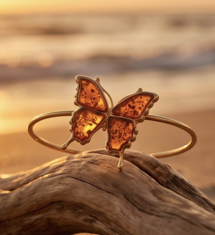 Golden Butterfly Genuine carved Baltic Amber .925 Sterling Silver dipped in 18K Gold handamde Bracelet - Golden butterfly amber bracelet with sunset beach background