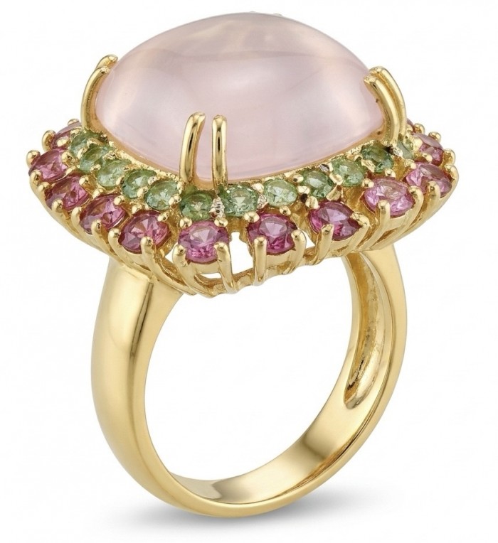 Scarlett 12.9 carat Rose Quartz 18K Rose Gold over .925 Sterling Silver handcrafted Statement Ring size 7 - Side view of Scarlett 12.9ct rose quartz ring with pink and green accents.