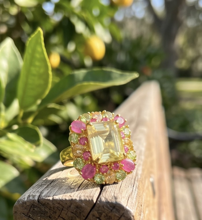 Esperanza - Luxurious 18.2 Lemon Quartz 18K Gold over .925 Sterling Silver handmade ring size 8 1/4 - Close-up of Esperanza ring with lemon quartz and colorful gemstones.