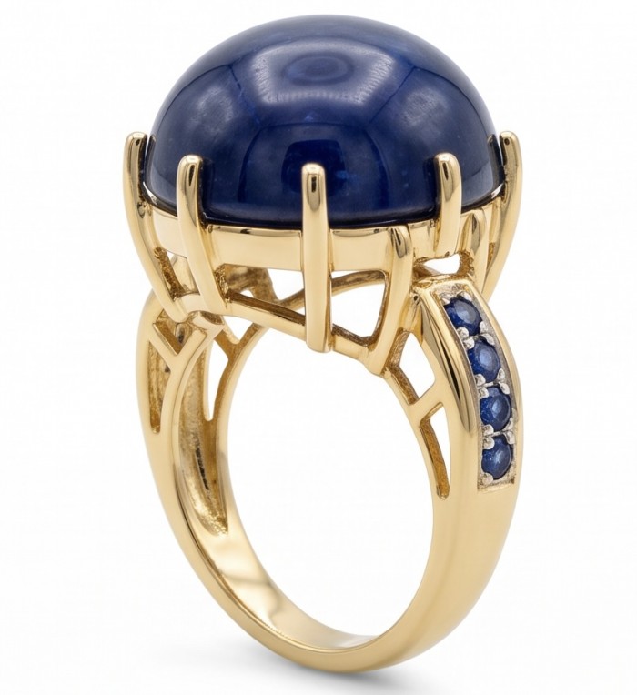 Blue Angel Genuine 34.5 carat Star Sapphire from Madagascar .925 Sterling Silver dipped in 18k Gold handcrafted Ring size 7 - Side view of Blue Angel ring with 34.5 carat Madagascar sapphire
