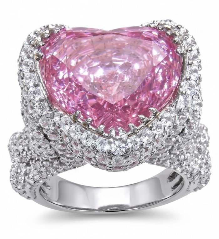 Venus's Heart 8.8 carat Pink Sapphire .925 Sterling Silver dipped in rhodium handcrafted Statement ring size 7 - Close-up of Venus's Heart pink sapphire ring with diamonds