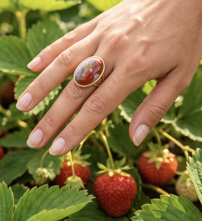 Bonfire Night best quality 21.4 carat Mexican Opal 18K Gold over .925 Sterling Silver handmade ring 8 - Opal ring in 18K gold worn on hand, strawberries in background.