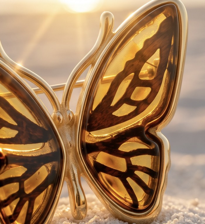 Golden Butterfly natural carved Baltic Amber .925 Sterling Silver dipped in 22K Real Gold handmade Pendant - Close-up of golden butterfly brooch with carved Baltic amber wings