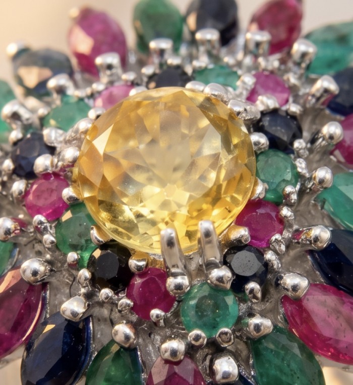 Victoria Authentic 10.5 carat Brazilian Citrine .925 Sterling Silver brilliantly handcrafted Statement ring; s. 8 - Stone close-up of colorful gem-studded jewelry with yellow centerpiece