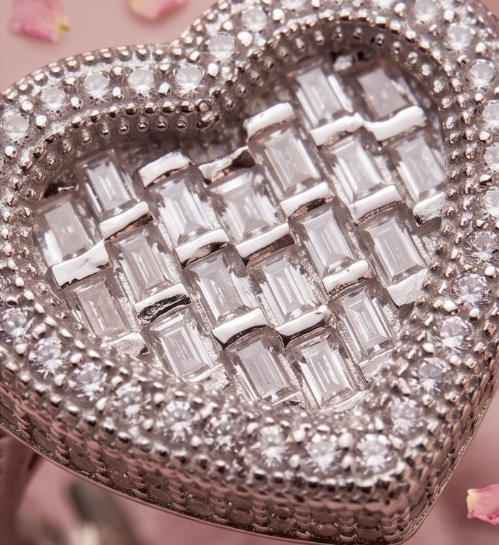 Art Deco Precious Heart - 10.5 carat White Sapphire .925 Sterling Silver Handcrafted Statement Ring size 7 1/2 - Close-up of Art Deco Precious Heart ring with white sapphires and silver.