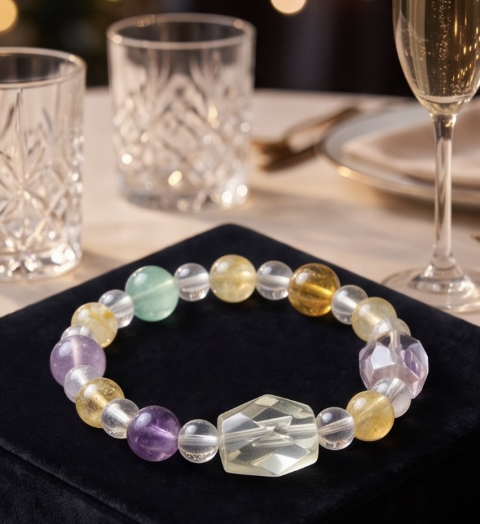 Top quality Genuine Fluorite stretch handcrafted bracelet - Top view of fluorite stretch bracelet on black velvet display