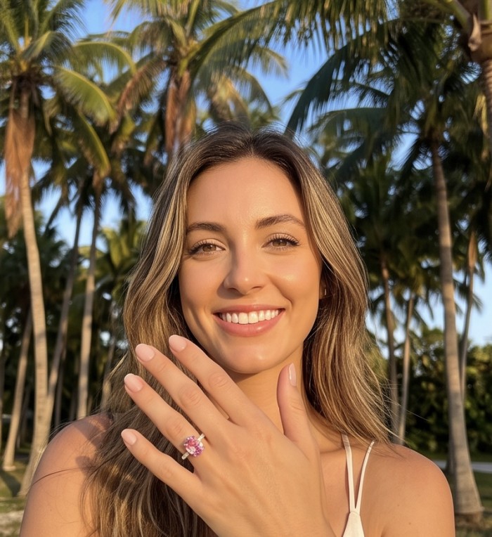 Tiffany - authentic oval cut 4.5 carat Pink Sapphire .925 Sterling Silver Handcrafted Statement Ring size 8 1/4 - Woman showcasing Tiffany pink sapphire ring on hand among palm trees.