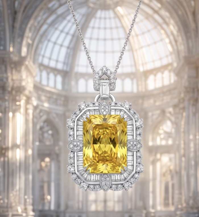 Art Deco - Baquette cut 35.5 carat YELLOW SAPPHIRE .925 Sterling Silver dipped in Rhodium handcrafted necklace - Yellow sapphire pendant close-up with Art Deco design and diamonds.