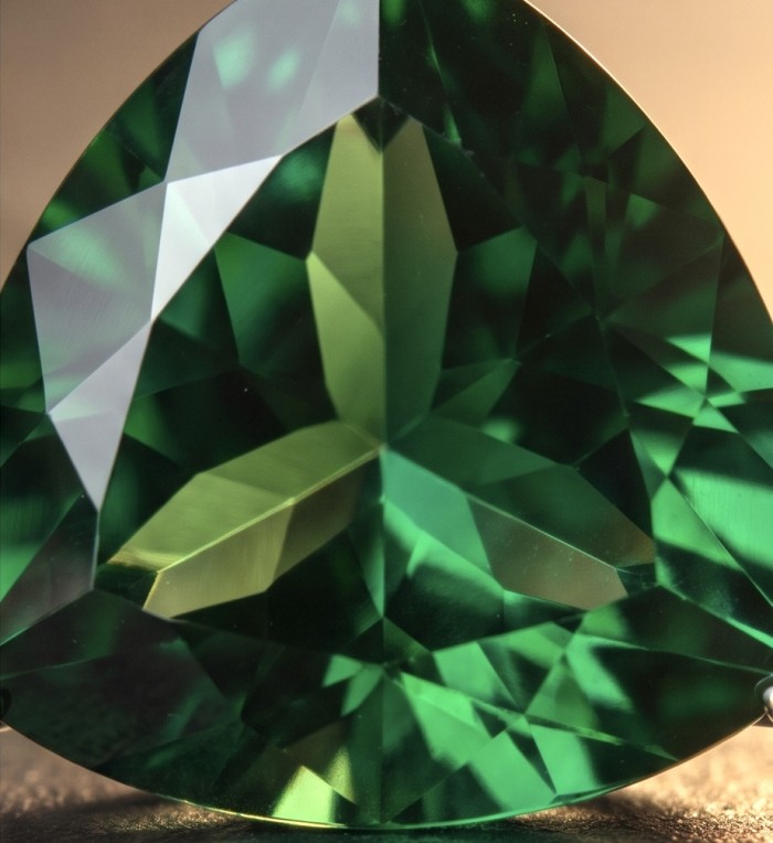 Trillion Cut Perfect 29.5 carat Volcanic Helenite .925 Sterling Silver handcrafted Pendant - Stone close-up of trillion cut 29.5 carat volcanic Helenite.