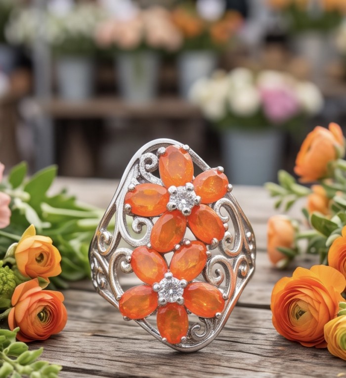 Queen of Fire best quality 8.4 carat Mexican Opal rhodium over .925 Sterling Silver handmade ring 7 1/2 - Mexican opal ring with floral design, surrounded by orange flowers.