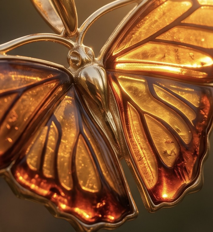 Large - Golden Butterfly natural carved Baltic Amber .925 Sterling Silver dipped in 22K Real Gold handmade Pendant - Close-up of golden butterfly pendant in Baltic amber.