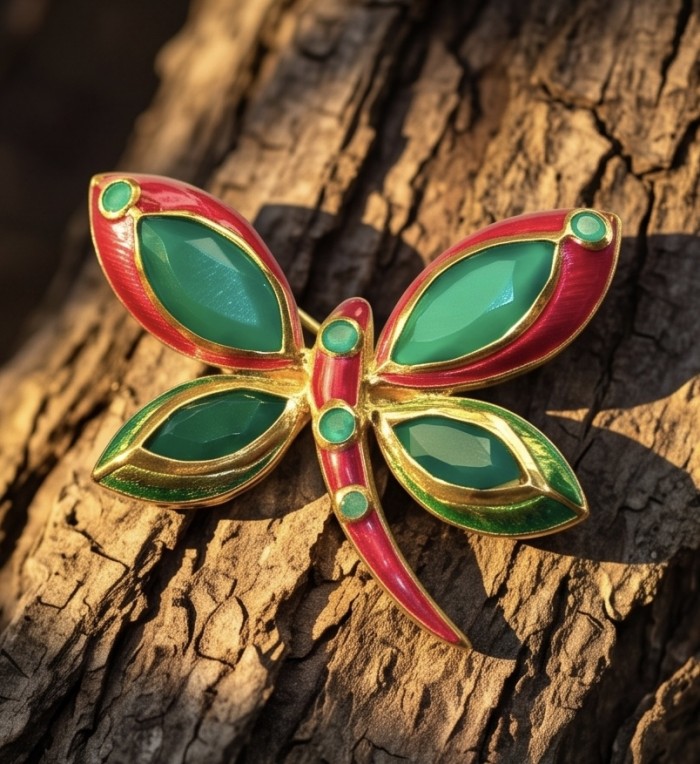 Green Buttrefly - 18.5 carat Authentic Emerald Enamel 22 carat Gold .925 Sterling Silver handcrafted Brooch - Top view of emerald butterfly brooch against textured wood background