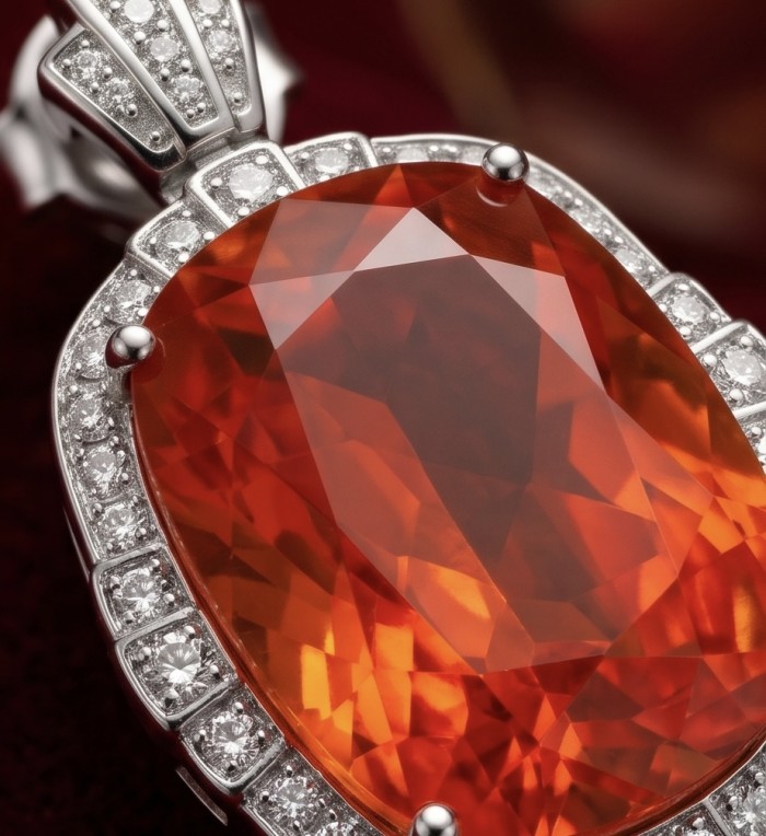 Vivid Energy 14.4 ctw Red Topaz .925 Sterling Silver handcrafted Statement earrings - Close-up of vivid orange-red topaz pendant in sterling silver setting.