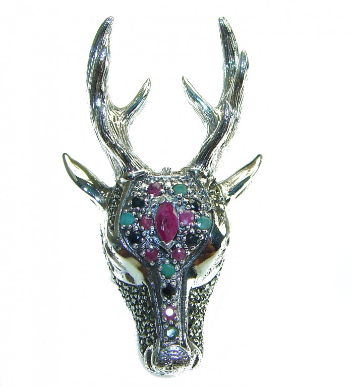 Large Deer Head Authentic Ruby .925 Sterling Silver handmade Ring size 7 - photo 4