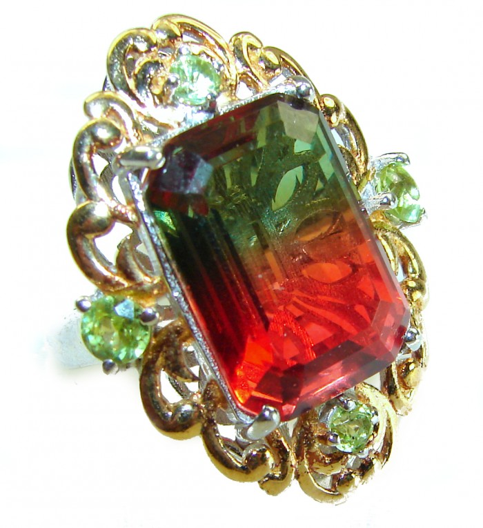 41.2 carat rectangle cut Brzailian Tourmaline .925 Silver handcrafted Cocktail Ring s. 6 3/4 - Close-up of rectangle cut Brazilian Tourmaline ring with ornate setting