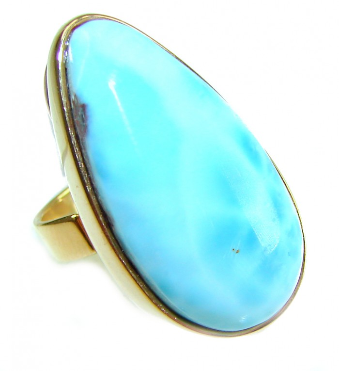 Blue Perfection AAAA QUALITY Blue Larimar 18K Gold over .925 Sterling Silver handmade Large ring size 8 adjustable - Close-up of blue Larimar ring in 18K gold, side view.