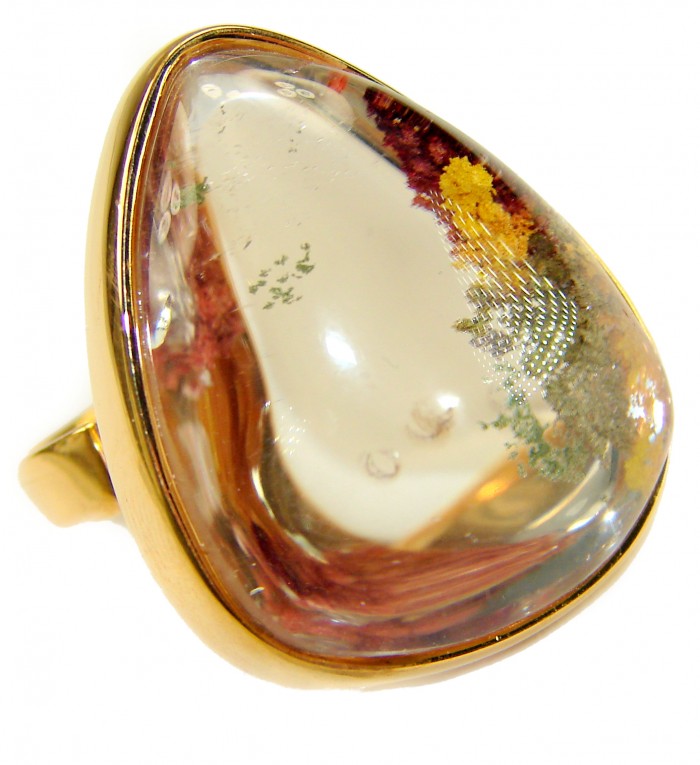 The best quality genuine 26.5 carat Phantom Quartz 18K Gold over .925 Sterling Silver handmade Statement Ring s. 8 adjustable - Close-up of 26.5 carat Phantom Quartz ring in 18K gold setting.
