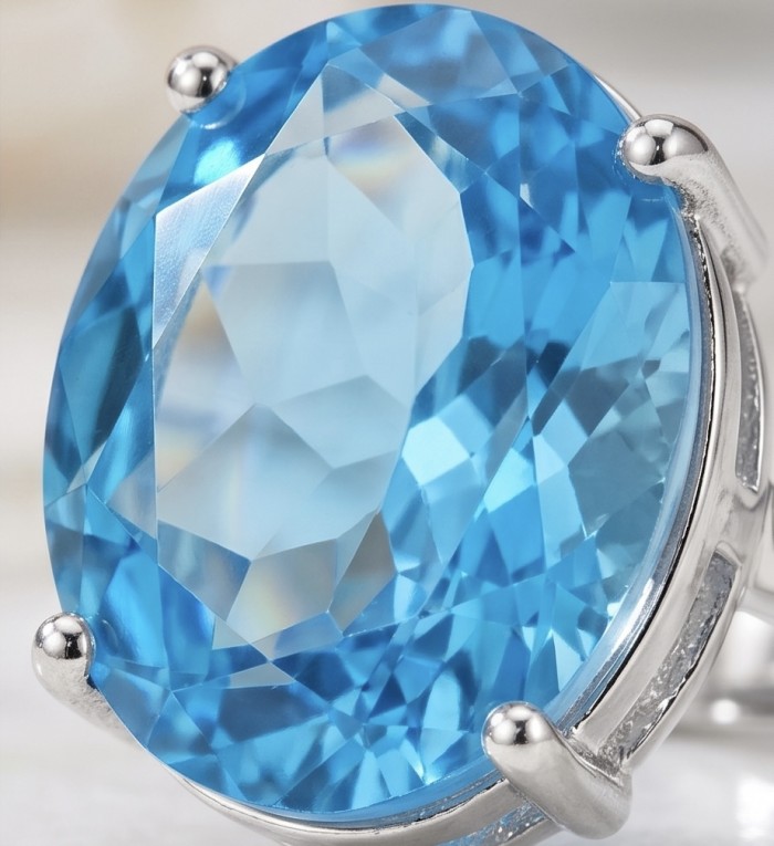 ENCHANTED OCEAN 28.3 carat Swiss Blue Topaz .925 Sterling Silver dipped in rhodium handcrafted Large ring size 8 - Stone close-up of ENCHANTED OCEAN Swiss Blue Topaz in sterling silver.