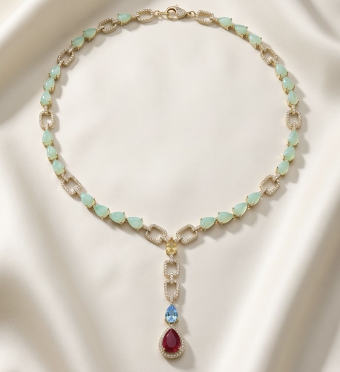Flawless rare Chrysophrase 18K Gold over .925 Sterling Silver handcrafted necklace - Elegant chrysoprase necklace with gold links, flat lay on silk background.