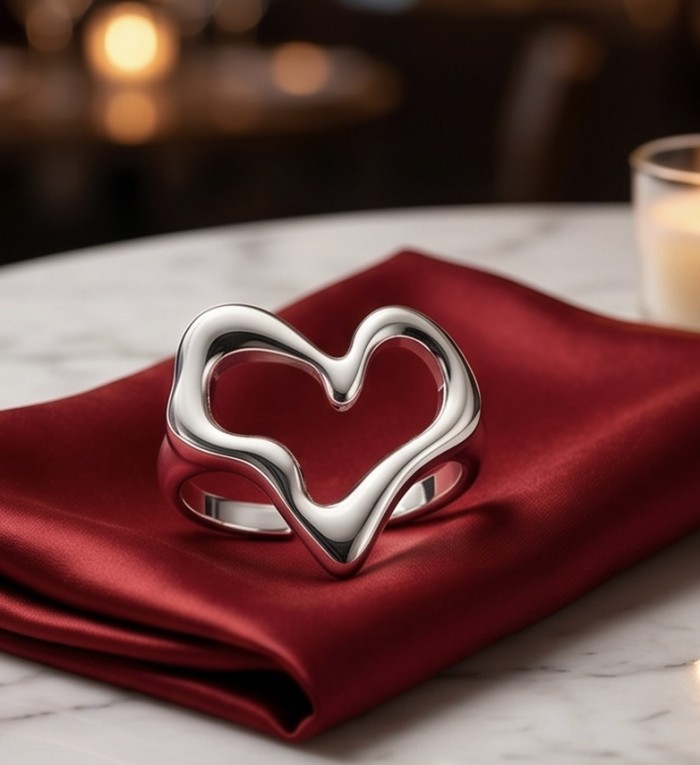Heart - .925 Sterling Silver Handcrafted Statement Ring size 7 - Heart-shaped silver ring on red fabric, angled view.